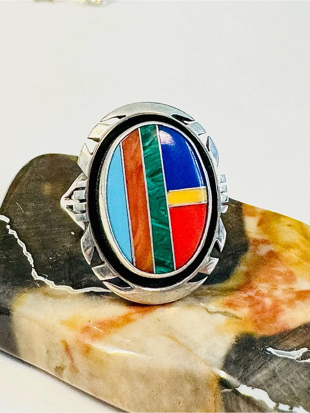 Vtg Navajo Sterling Multi Stone Inlay Ring (7)